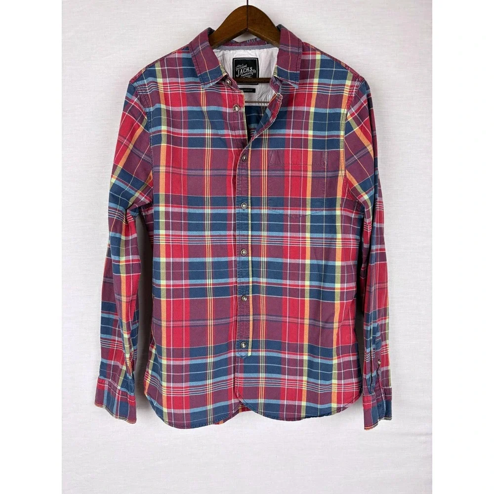 Jachs NY Mens Plaid Button Down Shirt Red Blue Yellow Long‎ Sleeve Classic Fit